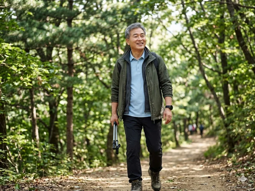 등산로에서 스마트워치를 착용하고 건강하게 산책하고 있는 60대 한국인 남성