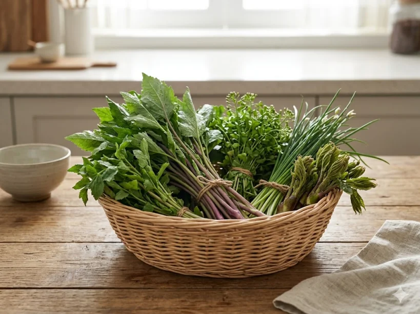 바구니에 담긴 취나물, 두릅 등 신선한 봄나물 모음