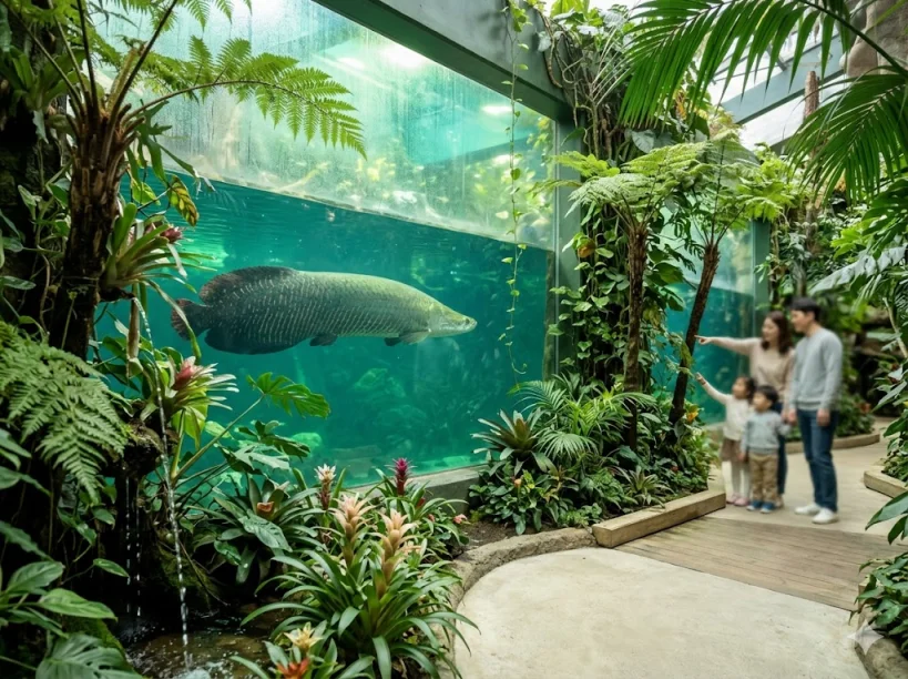 국립생태원 에코리움 열대관 내부의 거대한 수조 속을 헤엄치는 대형 담수어 피라루쿠와 이를 관람하는 가족의 모습