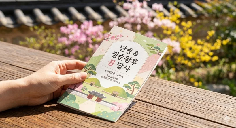봄날의 꽃들을 배경으로 '단종 & 정순왕후 봄 답사' 리플릿을 들고 있는 모습