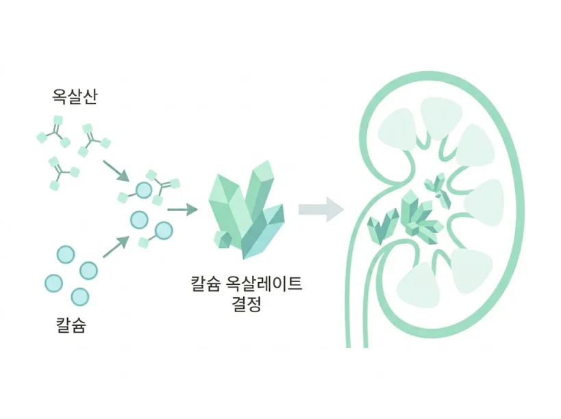 옥살산과 칼슘이 결합하여 신장 결석을 유발하는 과정 도해