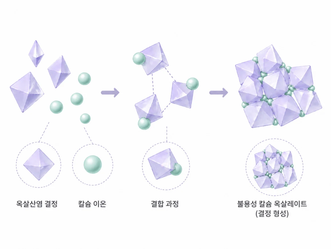 옥살산염과 칼슘 이온이 결합하여 불용성 칼슘 옥살레이트 결정을 형성하는 과정 도해