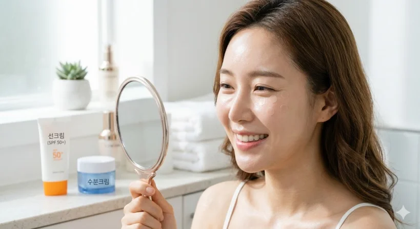 눈가 시술 부위에 재생 테이프를 붙이고 만족스러워하는 여성의 모습과 시술 후 회복 과정