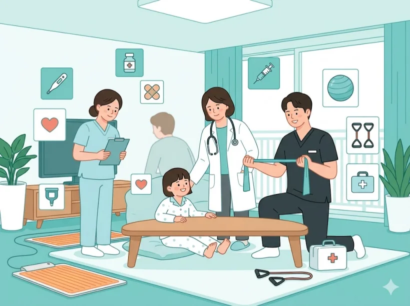 아늑한 집에서 의료진의 케어를 받는 아이와 가족의 모습을 담은 일러스트 - 소아 재택의료 서비스의 따뜻한 분위기 묘사