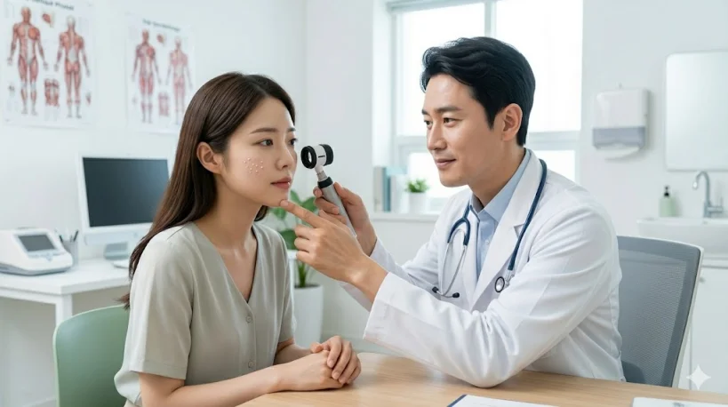 피부과 전문의에게 비립종 진단을 받는 환자의 모습: 전문 검진 기구를 활용한 정확한 증상 파악 및 시술 상담 장면