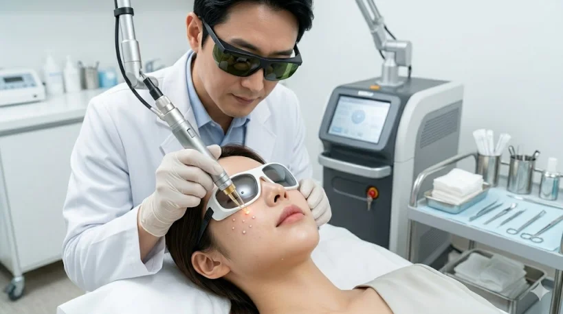 피부과 전문의의 CO2 레이저 비립종 제거 시술 장면: 보호 안경을 착용하고 정밀하게 레이저를 조사하여 비립종을 제거하는 실제 시술 과정