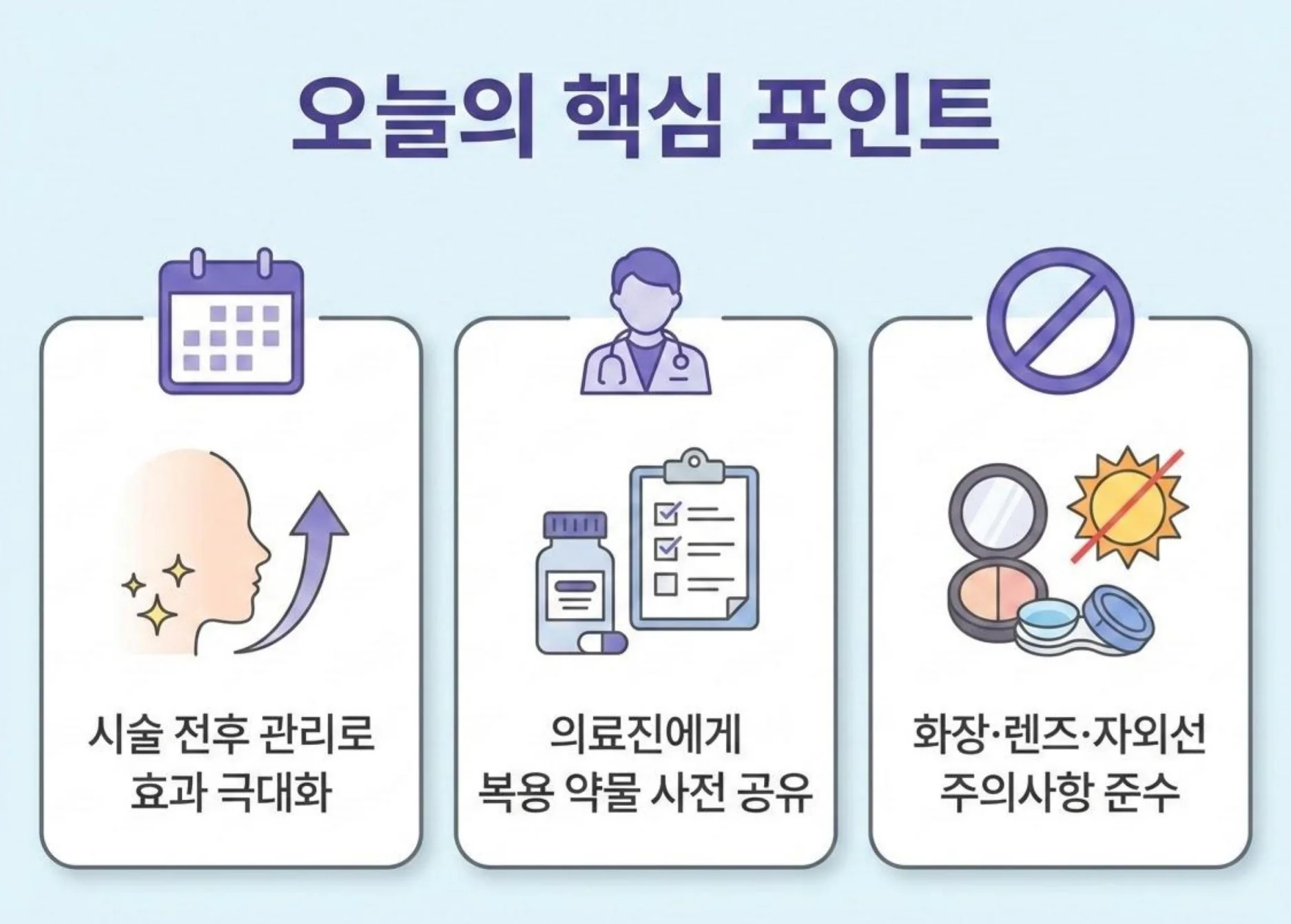 "피부과 시술 전 핵심 포인트 3가지: 시술 전후 관리로 효과 극대화, 의료진에게 복용 약물 사전 공유, 화장·렌즈·자외선 주의사항 준수 안내 인포그래픽"