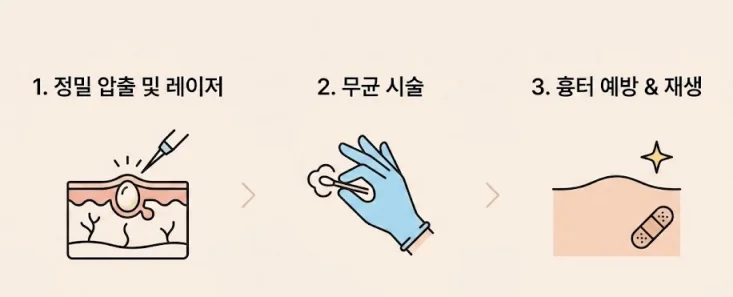 피부과 전문 비립종 제거 3단계 과정: 정밀 압출 및 레이저 시술, 무균 소독 시술, 흉터 예방 및 재생 관리 순서