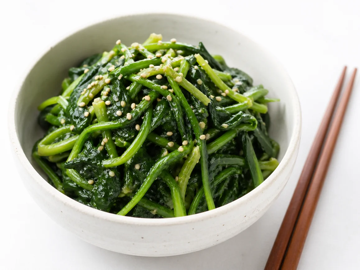 흰 그릇에 담긴 정갈한 취나물 무침과 나무 젓가락