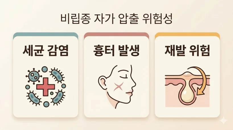 비립종 자가 압출 시 3가지 위험성 요약: 세균 감염, 흉터 발생, 재발 위험에 대한 경고 인포그래픽