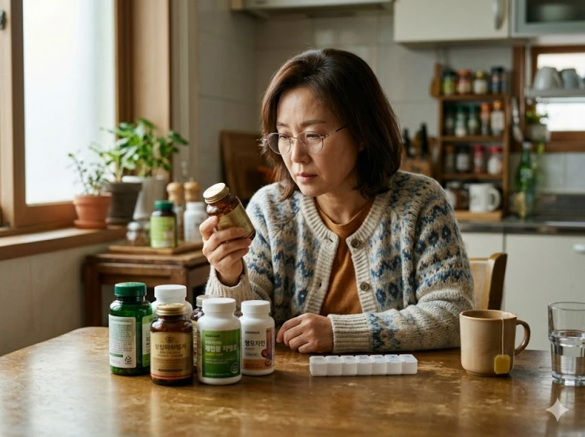 안경을 쓴 중년 여성이 주방 테이블에 앉아 여러 개의 영양제 병을 앞에 두고 성분표를 꼼꼼히 읽고 있는 모습