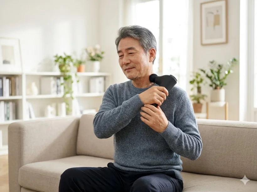 거실 소파에 앉아 편안한 표정으로 마사지건을 사용하여 어깨 근육을 풀고 있는 60대 한국인 남성