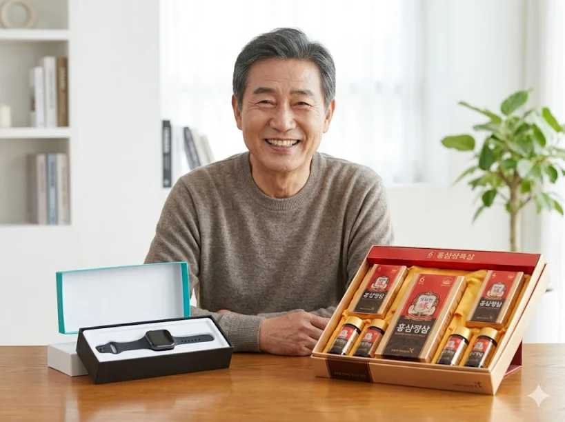 홍삼 선물 세트와 스마트워치를 앞에 두고 환하게 웃고 있는 60대 한국인 남성 모델