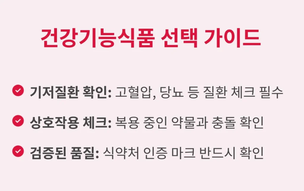 기저질환 확인, 상호작용 체크, 식약처 인증 마크 확인 등 건강기능식품 선택 시 주의사항 가이드