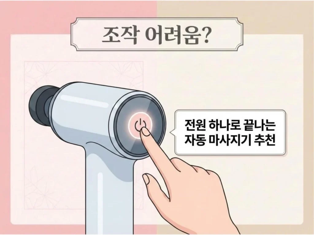 기기 조작의 어려움을 겪는 시니어를 위해 버튼 하나로 작동하는 자동 마사지기를 추천하는 가이드 이미지