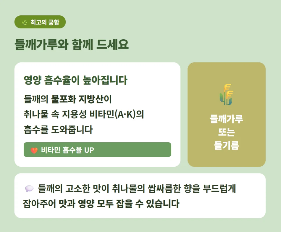취나물과 들깨가루의 영양 궁합 및 흡수율 상승 효과 설명