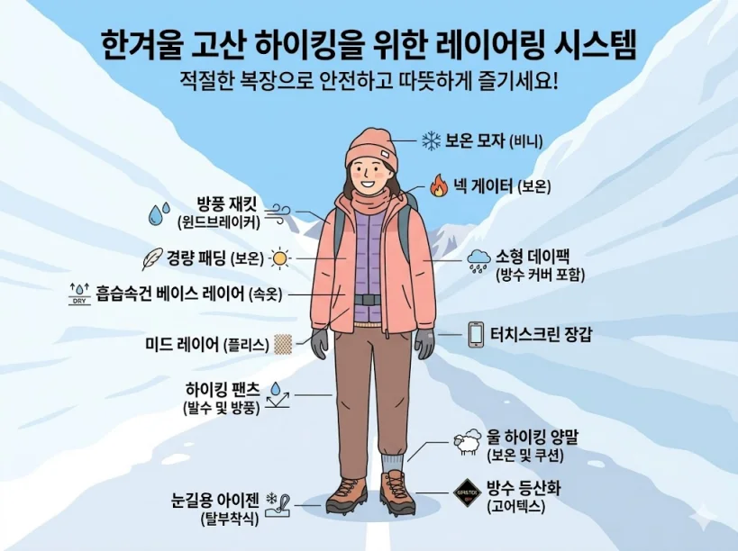 안전한 고산 하이킹을 위한 레이어링 시스템 및 복장 정보 인포그래픽