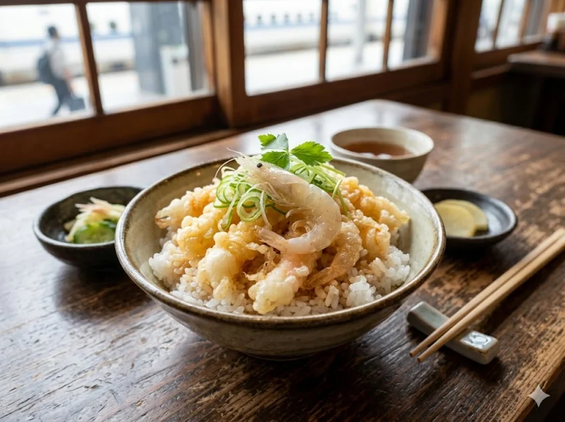 일본 도야마 지역 명물인 흰새우(시로에비) 텐동 덮밥 요리