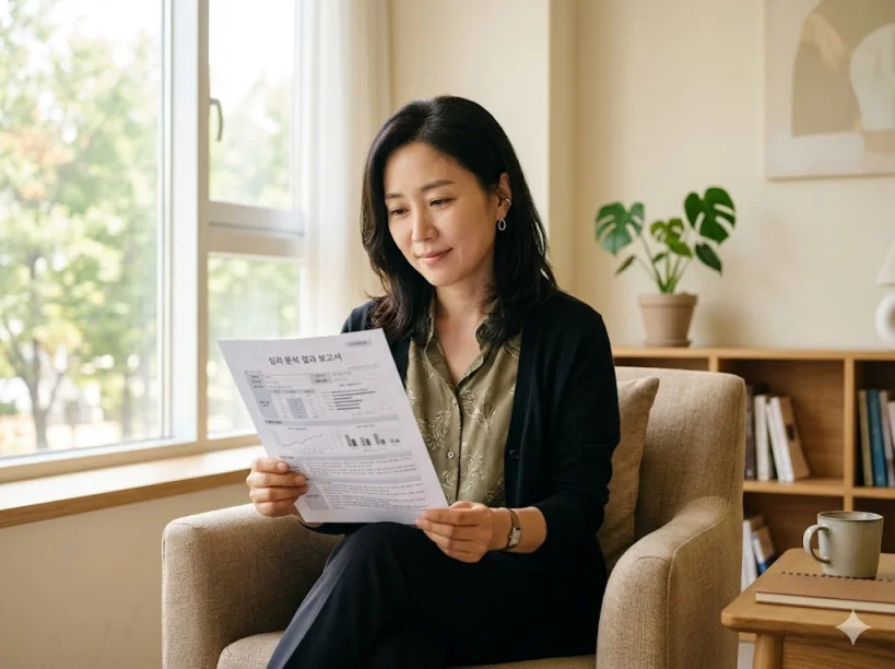 밝은 상담실에서 TCI 심리 분석 결과 보고서를 차분하게 읽고 있는 40대 여성의 모습