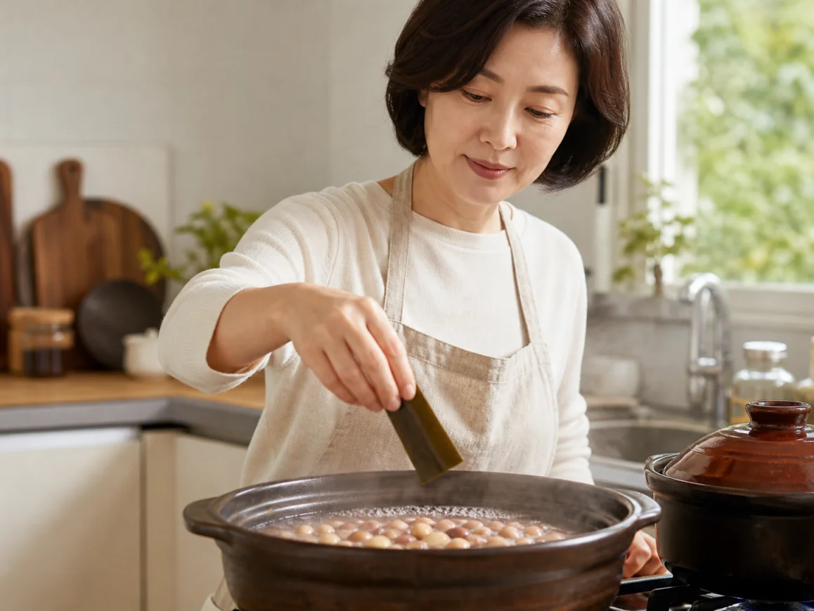 주방에서 소화와 감칠맛을 위해 다시마를 넣고 콩을 정성껏 삶고 있는 조리 모습