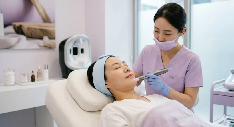 피부과 클리닉에서 의료진에게 펜 타입 핸드피스로 브이로 리프팅 시술을 받고 있는 모습