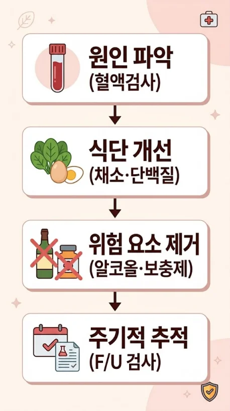 "혈액검사부터 식단 개선, 위험 요소 제거 및 주기적 추적까지의 혈소판 수치 회복 단계"