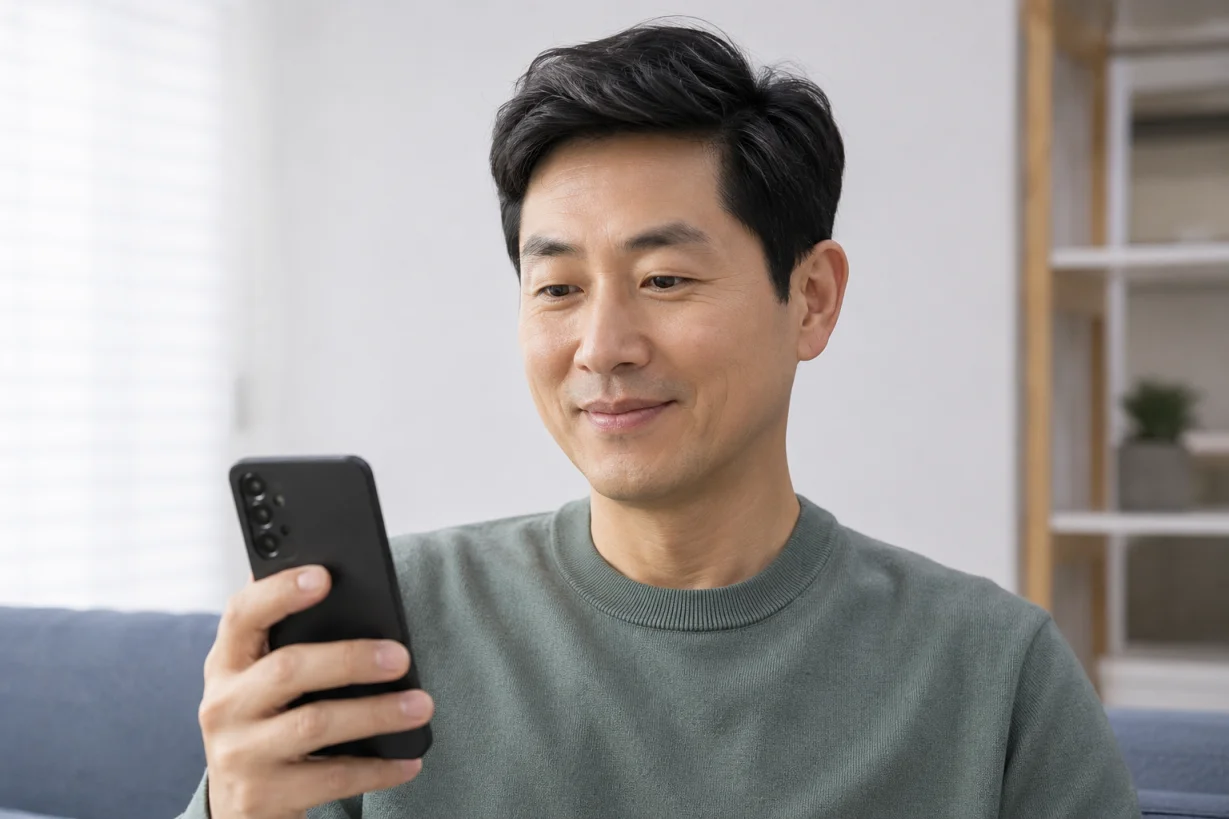 스마트폰으로 은행 앱 알림을 확인하며 미소 짓는 40대 남성