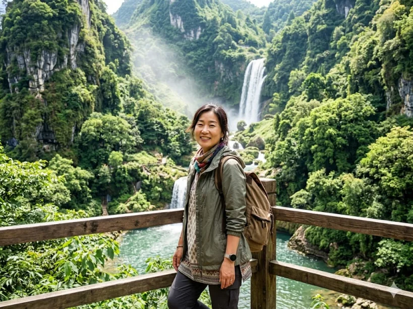 중국 구이저우성 폭포 앞에서 여행 복장을 입고 서 있는 한국인 여성의 여행 스냅 사진