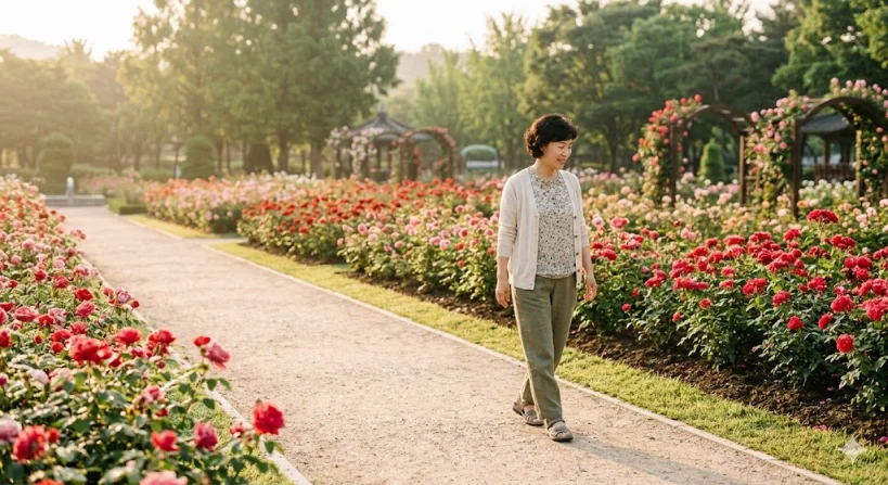수도권 장미 명소 산책로를 걷고 있는 중년 여성