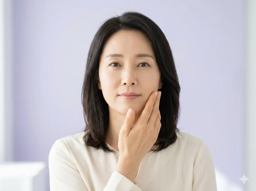 얼굴 탄력과 턱선 라인을 살피며 뺨을 만지고 있는 40대 여성의 모습