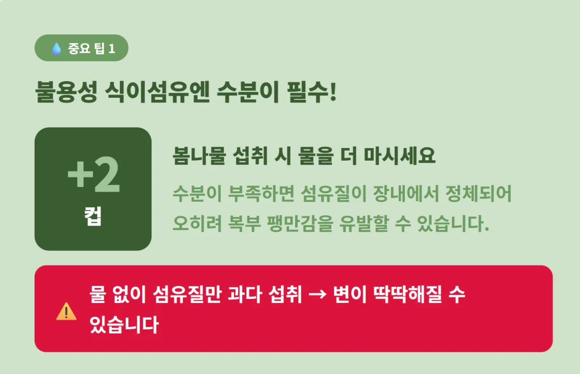 불용성 식이섬유 섭취 시 복부 팽만감을 예방하기 위한 수분 섭취의 중요성 설명 가이드