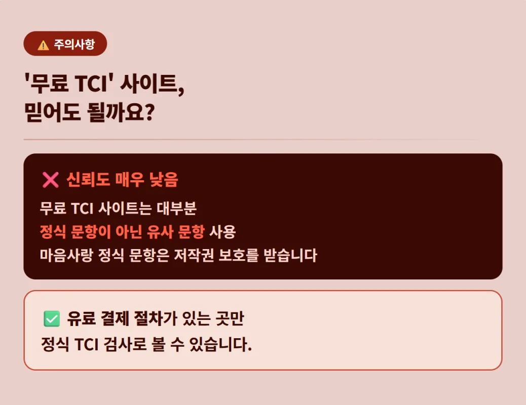 무료 TCI 사이트의 낮은 신뢰도 주의 및 저작권 보호를 받는 정식 유료 검사 확인법