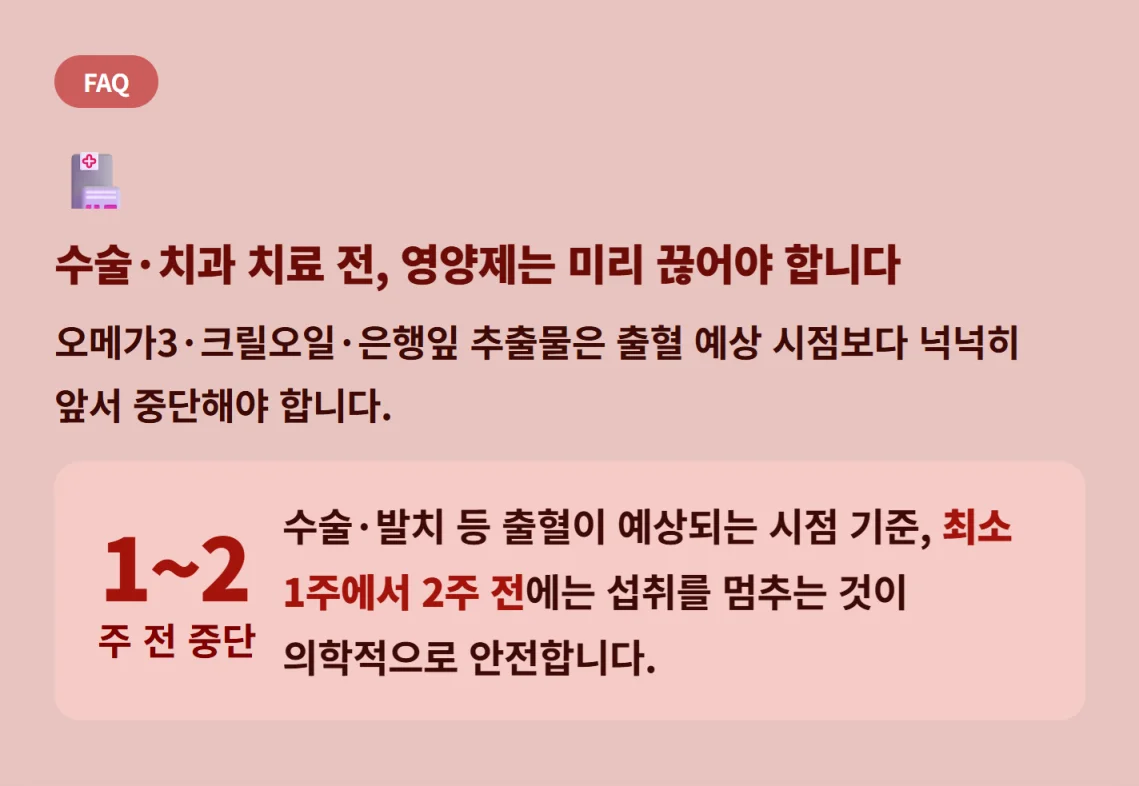 수술 및 치과 치료 전 영양제 중단 필요성 안내