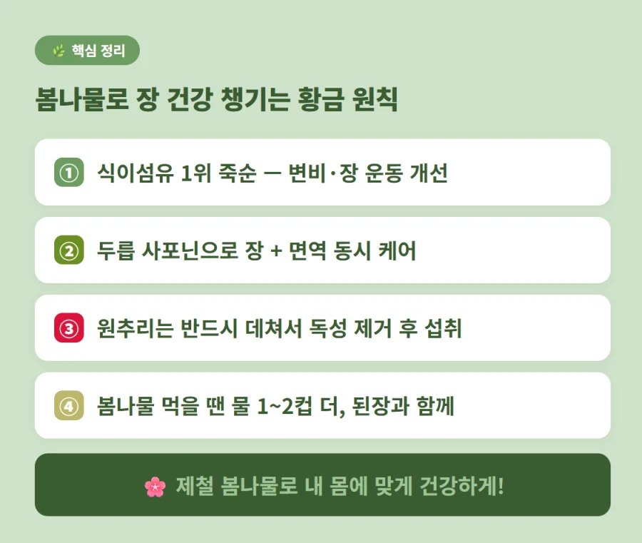 죽순, 두릅, 원추리를 활용해 장 건강을 챙기는 4가지 핵심 원칙 및 건강 섭취법 요약