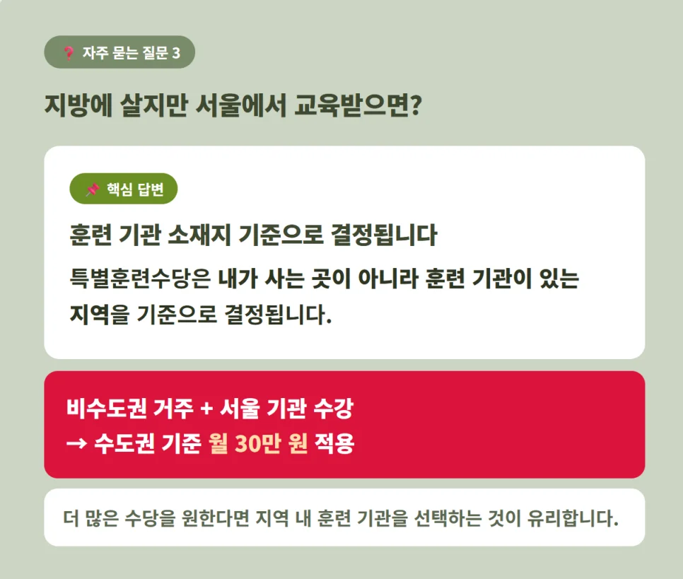 훈련 기관 소재지 기준 수당 적용 안내 (비수도권 거주자가 서울 기관 수강 시 수도권 기준 적용)