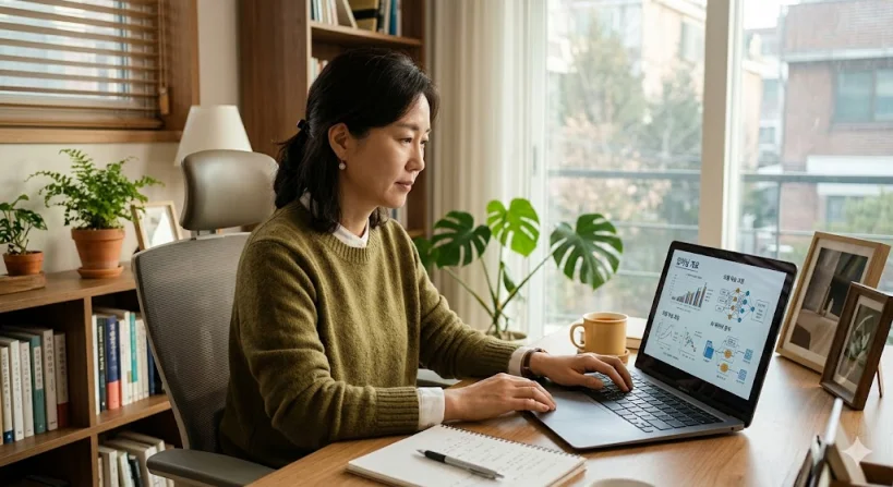 집에서 노트북으로 AI 학습에 집중하고 있는 40대 여성의 모습