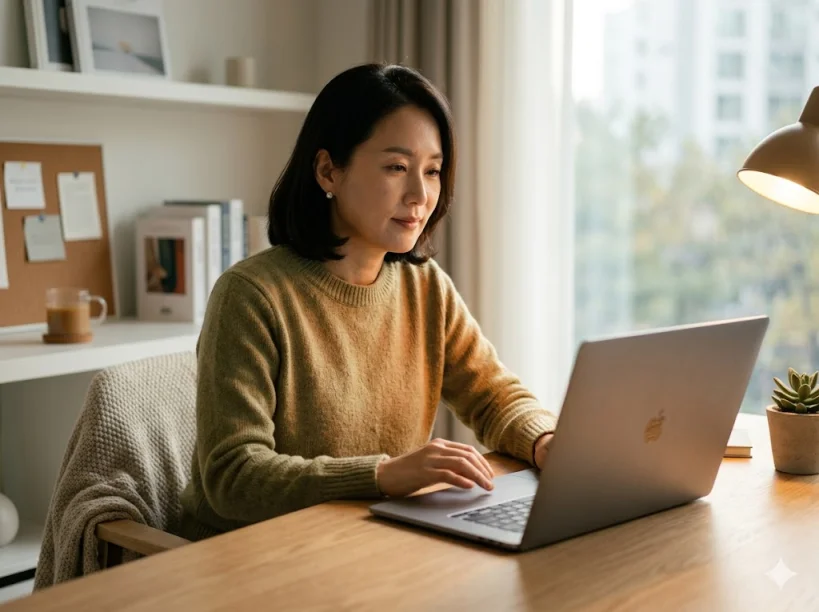 노트북으로 TCI 검사 설문지에 응답하는 40대 여성의 모습