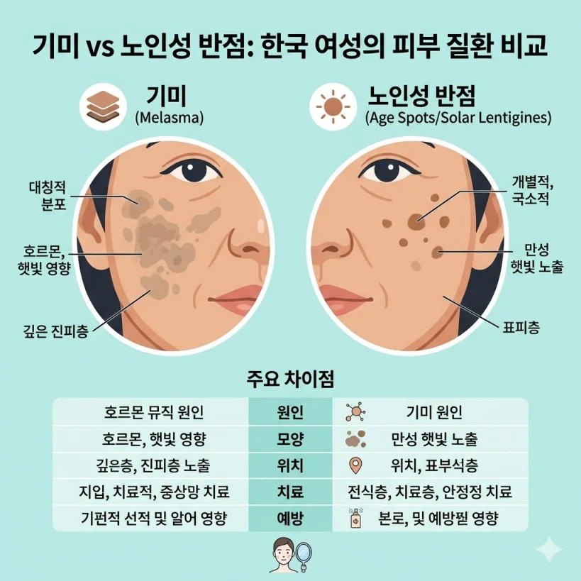 기미와 노인성 반점(검버섯)의 원인, 모양, 위치, 치료법을 비교한 피부과 정보 인포그래픽 디아그램