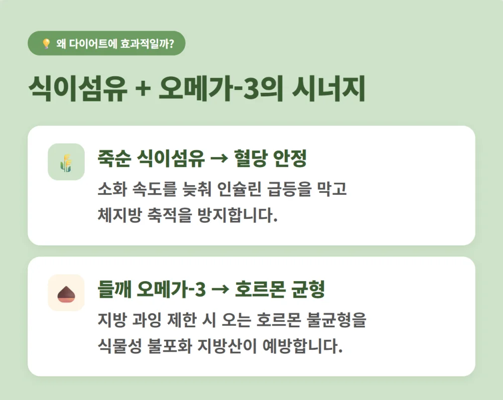 죽순의 식이섬유와 들깨 오메가-3의 다이어트 시너지 효과 설명 인포그래픽