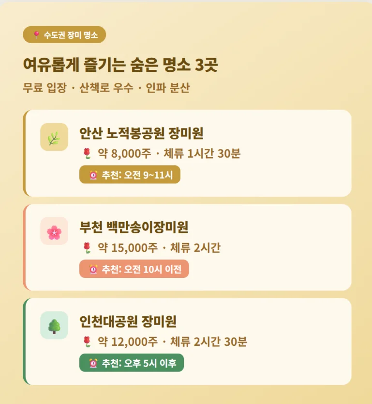 안산, 부천, 인천 수도권 장미 명소 3곳의 추천 방문 시간 및 체류 시간 정보