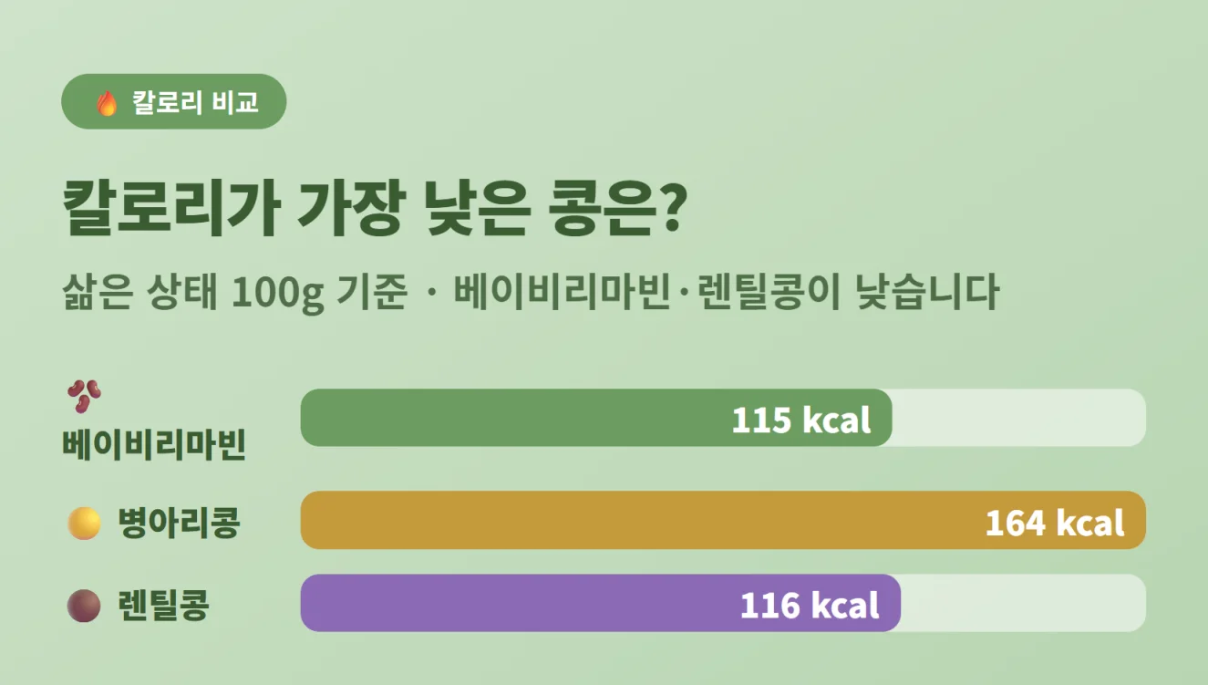 삶은 상태 100g 기준 콩 종류별 칼로리 비교 수치 그래프
