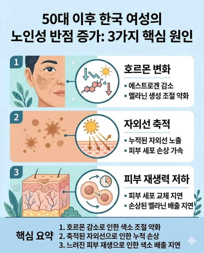 50대 이후 한국 여성의 노인성 반점(검버섯) 증가 원인 3가지(호르몬 변화, 자외선 축적, 피부 재생력 저하)를 설명하는 교육용 인포그래픽