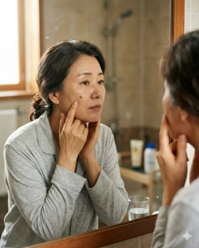 거울 속 자신의 뺨에 생긴 갈색 검버섯(노인성 반점)을 손가락으로 가리키며 세심히 살피고 있는 50대 후반 한국 여성의 모습