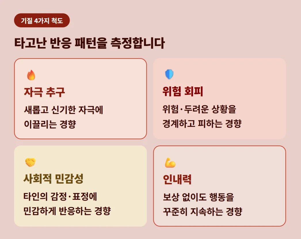 자극추구, 위험회피, 사회적 민감성, 인내력을 포함한 TCI 기질 4개 척도 안내