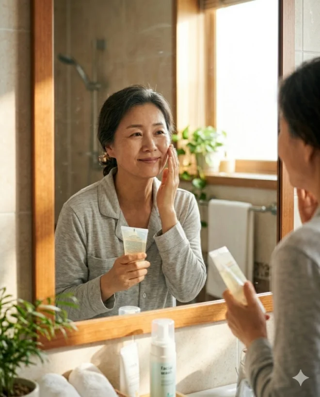 검버섯과 기미 예방을 위해 아침 햇살이 드는 욕실 거울 앞에서 자외선 차단제(선크림)를 바르고 있는 50대 여성