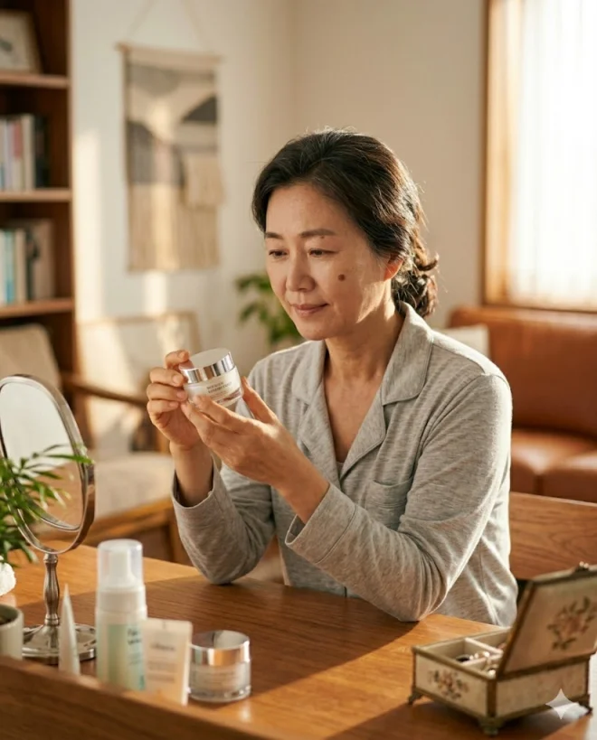 화장대 안락한 의자에 앉아 기미 잡티 완화용 피부 재생 크림의 전성분 라벨을 꼼꼼하게 읽고 있는 50대 후반 중년 여성