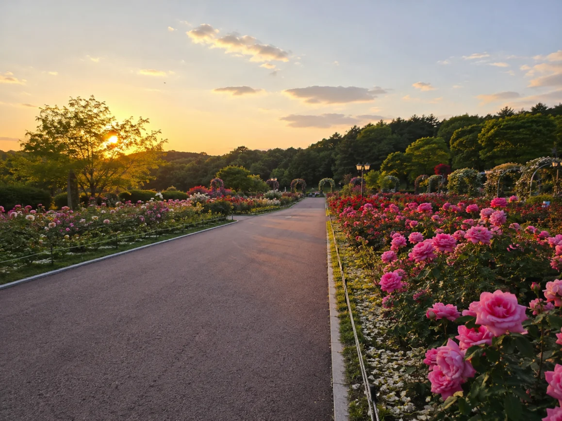 황금빛 노을이 내리는 평화로운 인천대공원 장미원 산책로