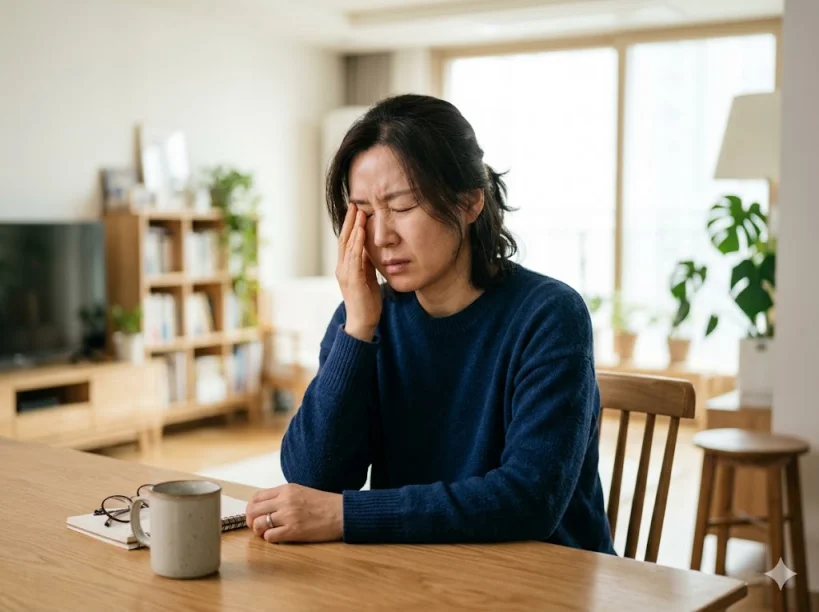 급성 녹내장 초기증상으로 눈 통증과 두통을 호소하는 여성