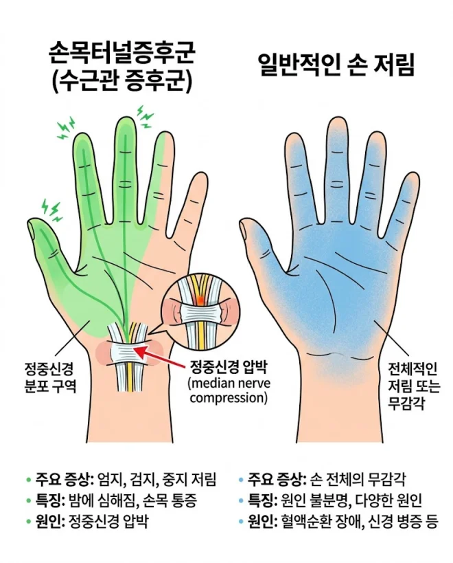 손목터널증후군 단순 손저림 차이 비교 일러스트