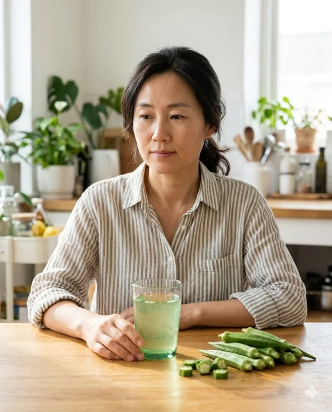 오크라워터 혈당 효과 한국 40대 여성이 물에 담긴 오크라를 바라보는 모습